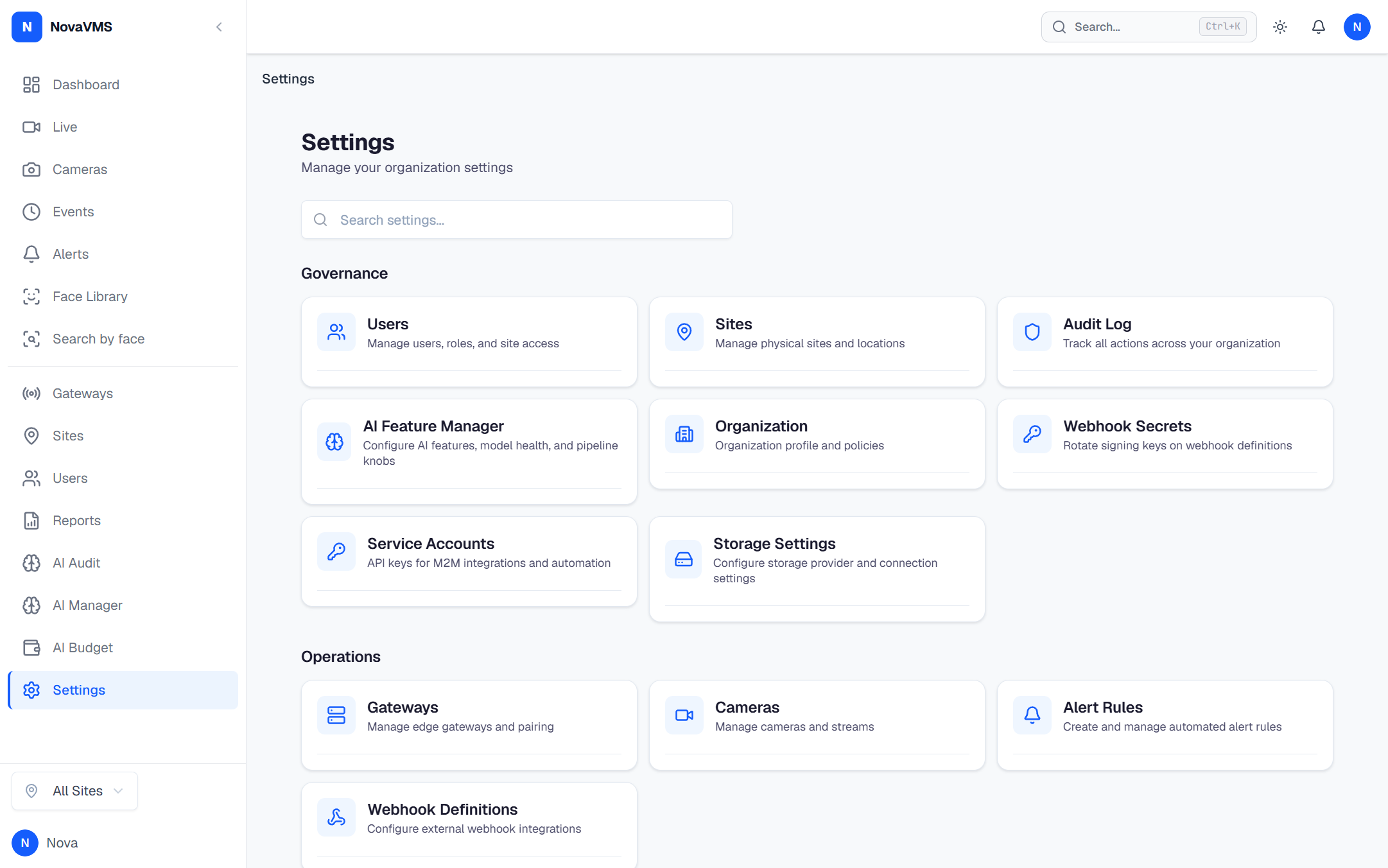 Settings page highlighting Organization under Governance