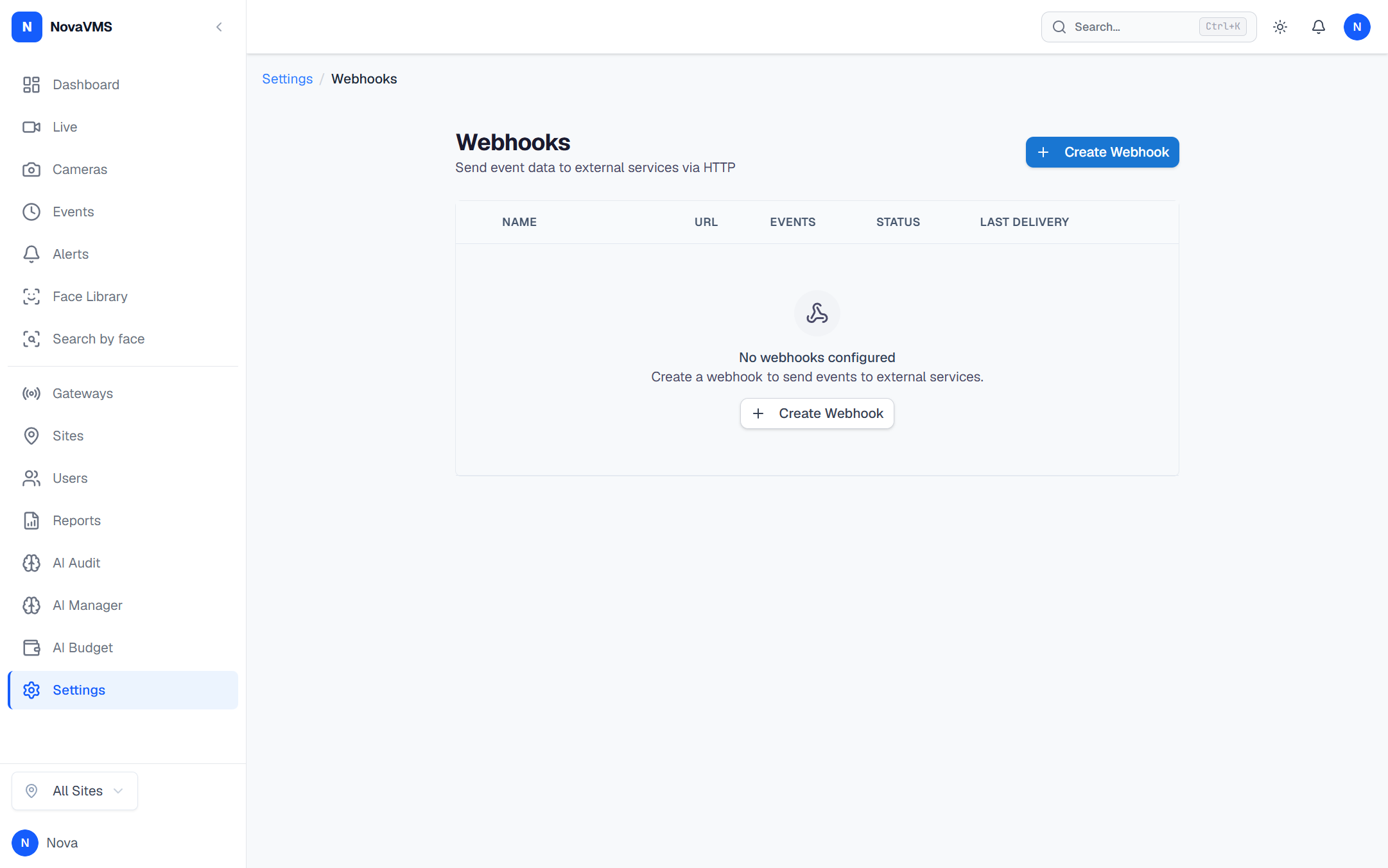 Webhooks page with Create Webhook button highlighted top-right