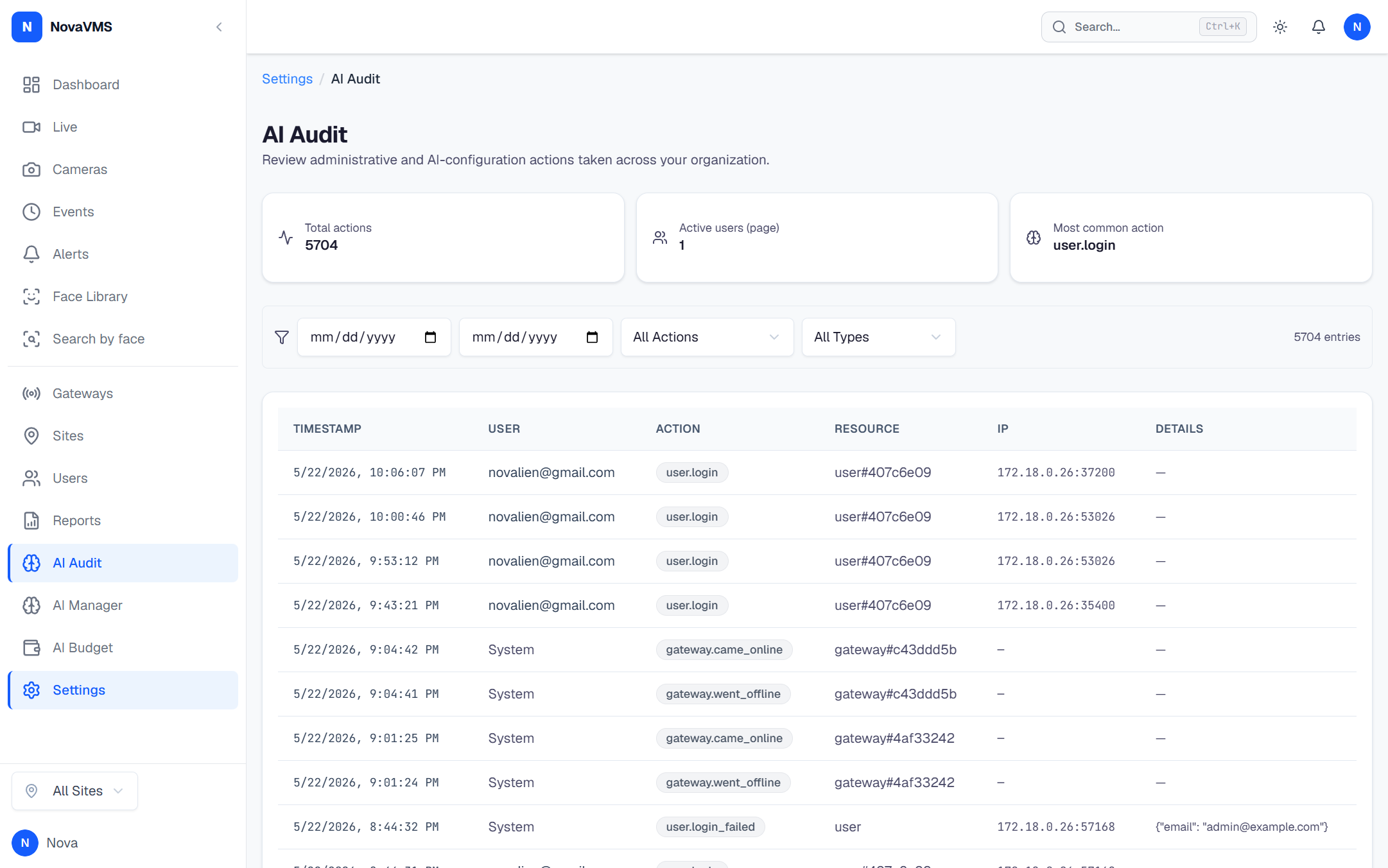 Audit log page with the most recent entries visible