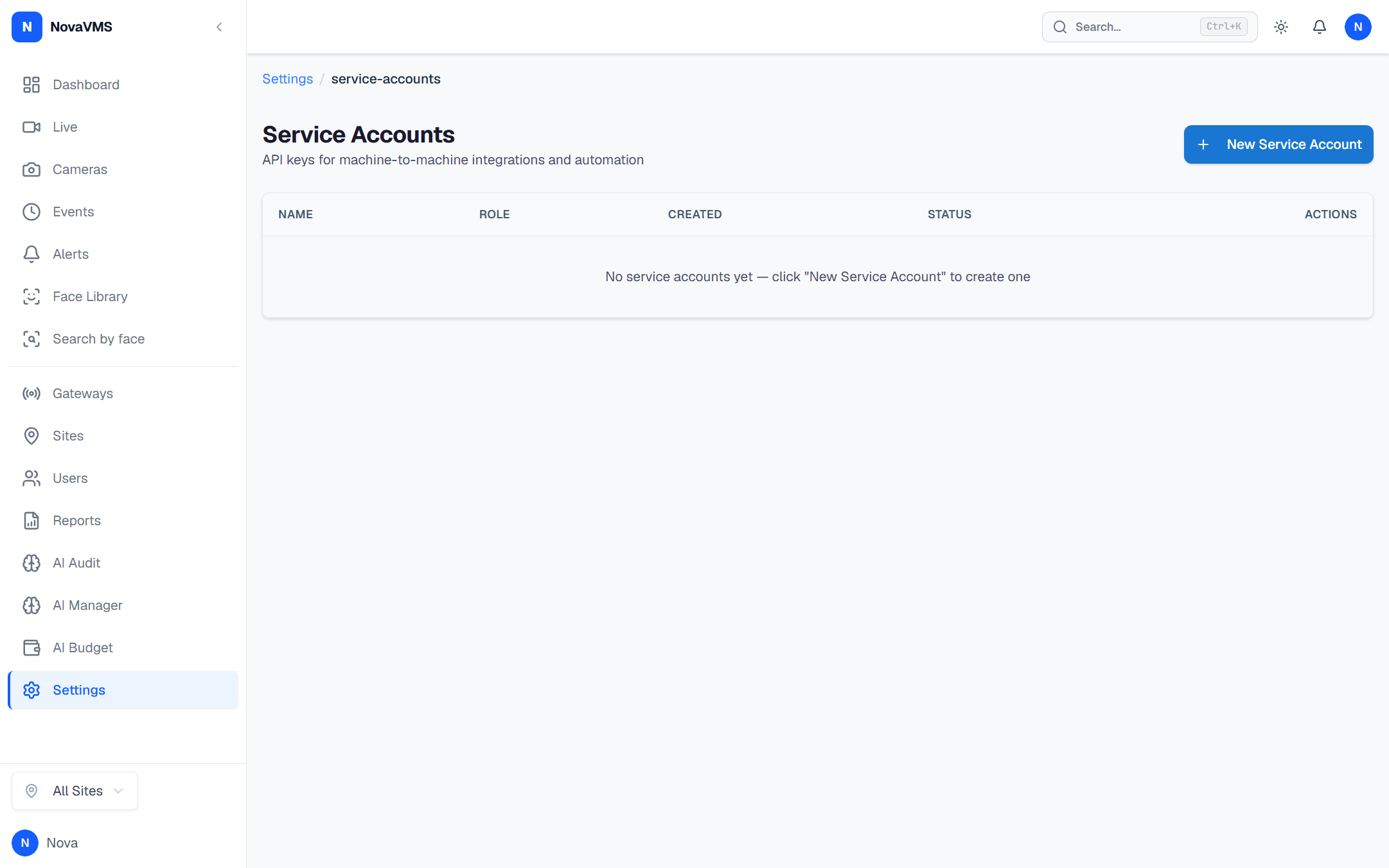 Service Accounts list with the New Service Account button