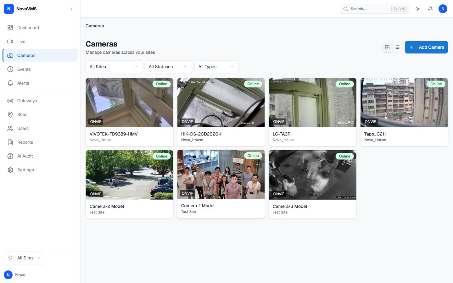 Cameras page with the Add Camera button in the top-right toolbar