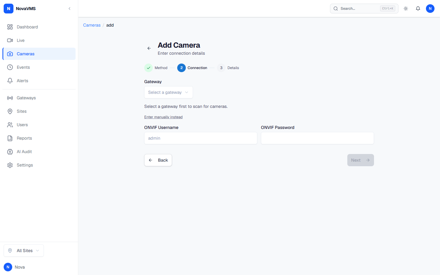 ONVIF credentials panel with username and password fields and Authenticate button