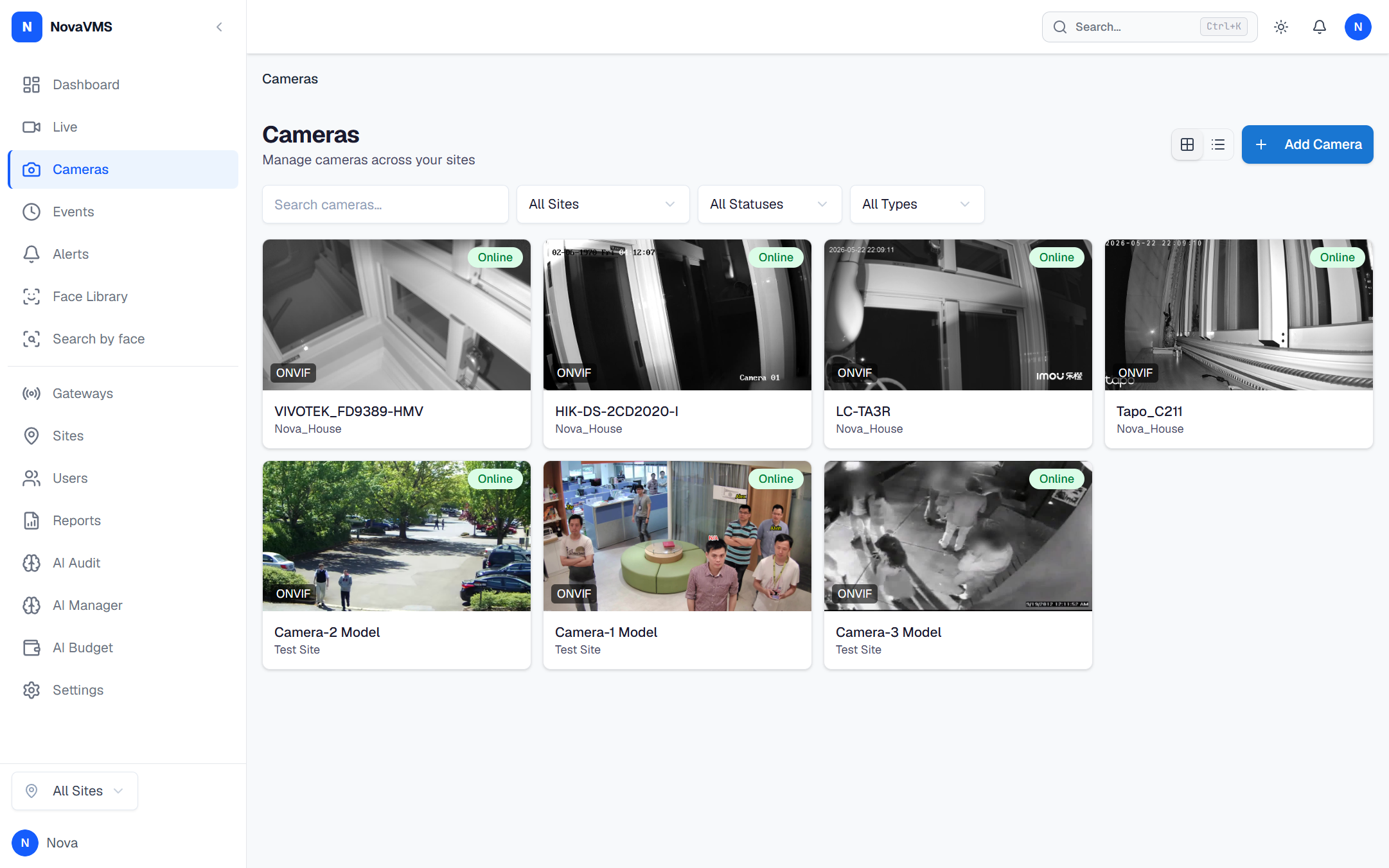Camera settings panel, Stream section, Detection stream and Recording stream dropdowns