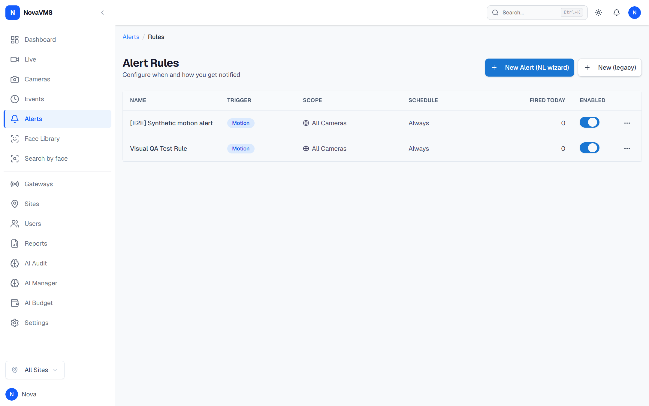 Alerts Rules page with the new-rule controls in the top-right