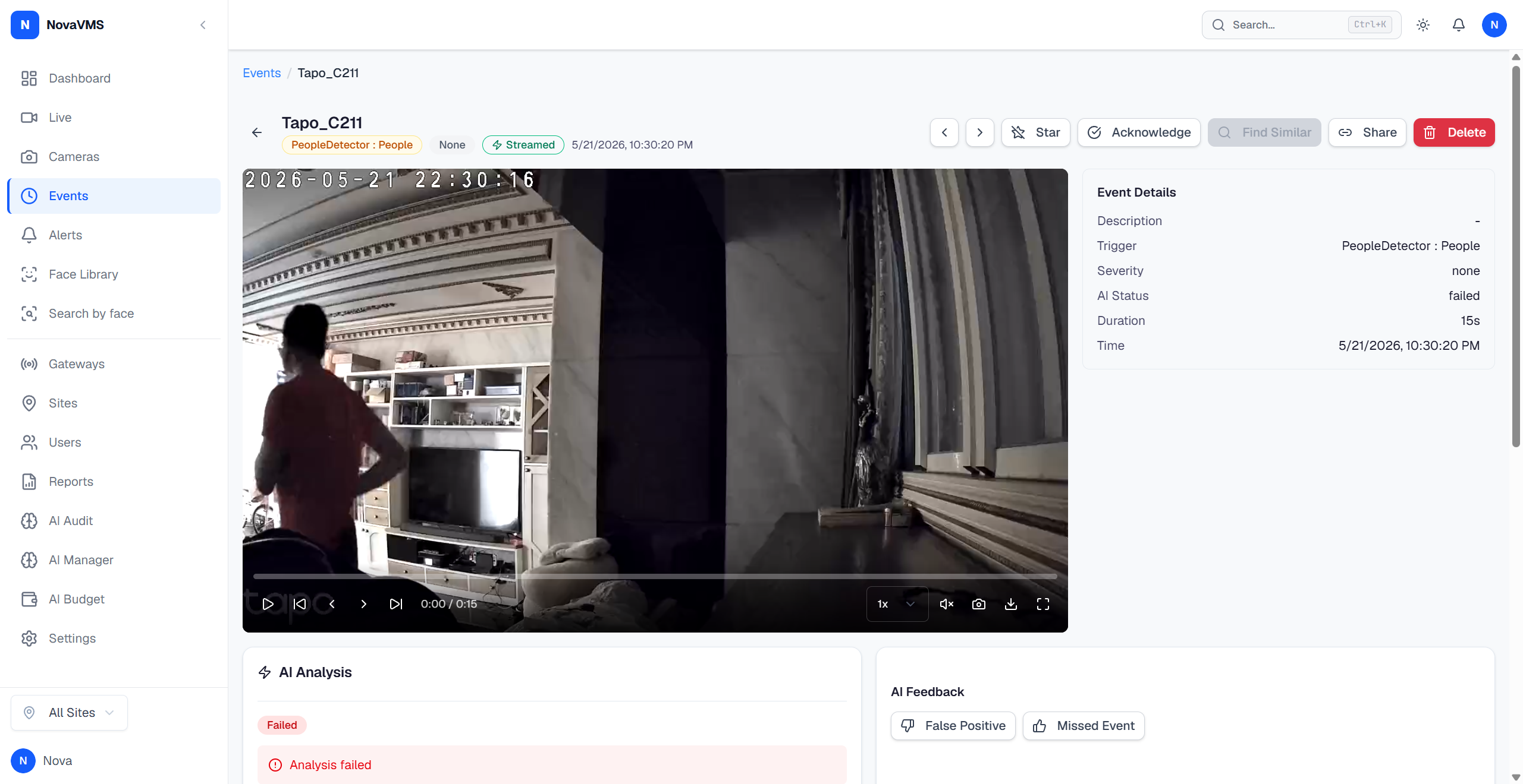 event detail page with the video player and Export button in the player toolbar