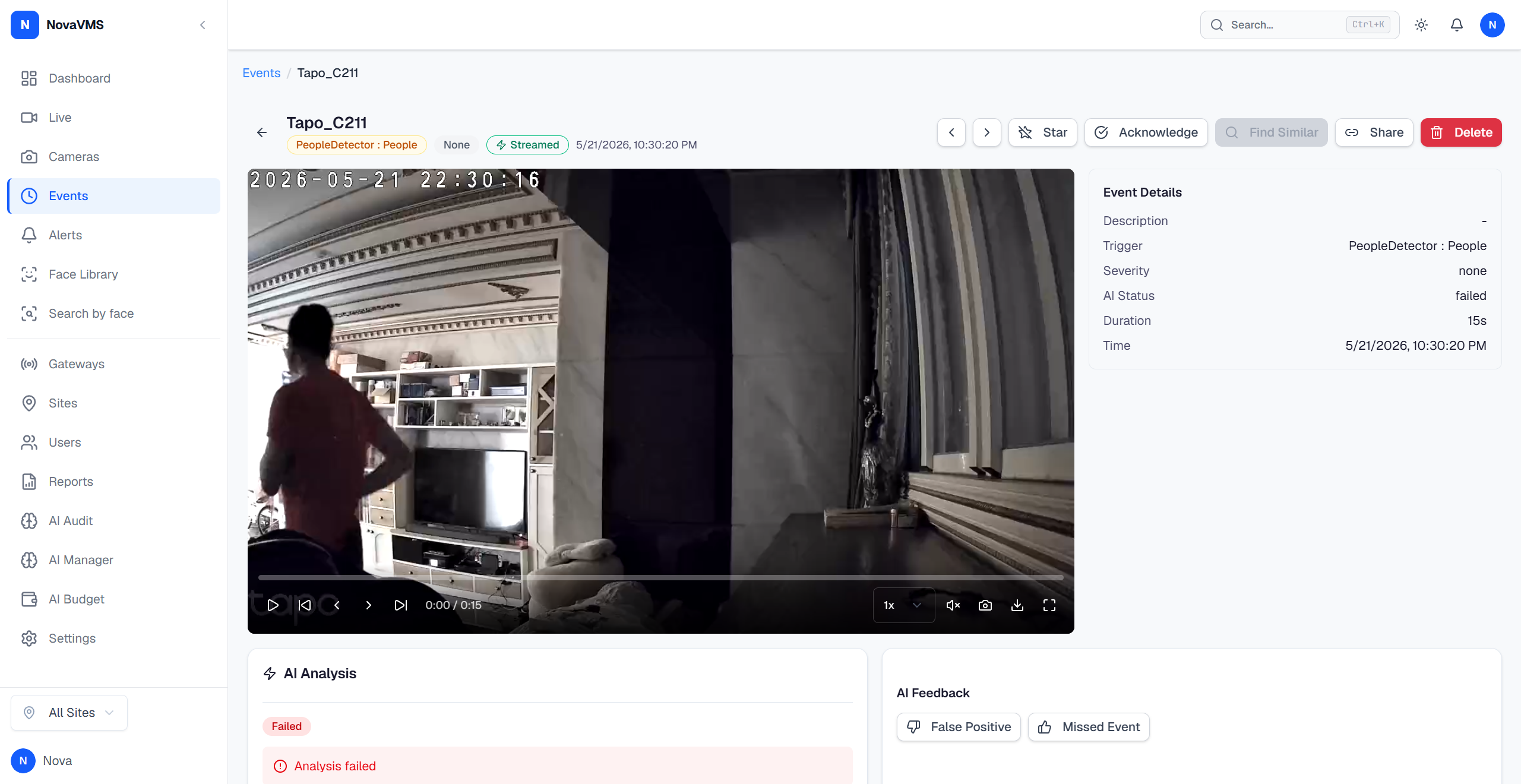 AI Evidence panel showing the Overview tab with status, camera, category, trigger source, trigger topic, and timestamps