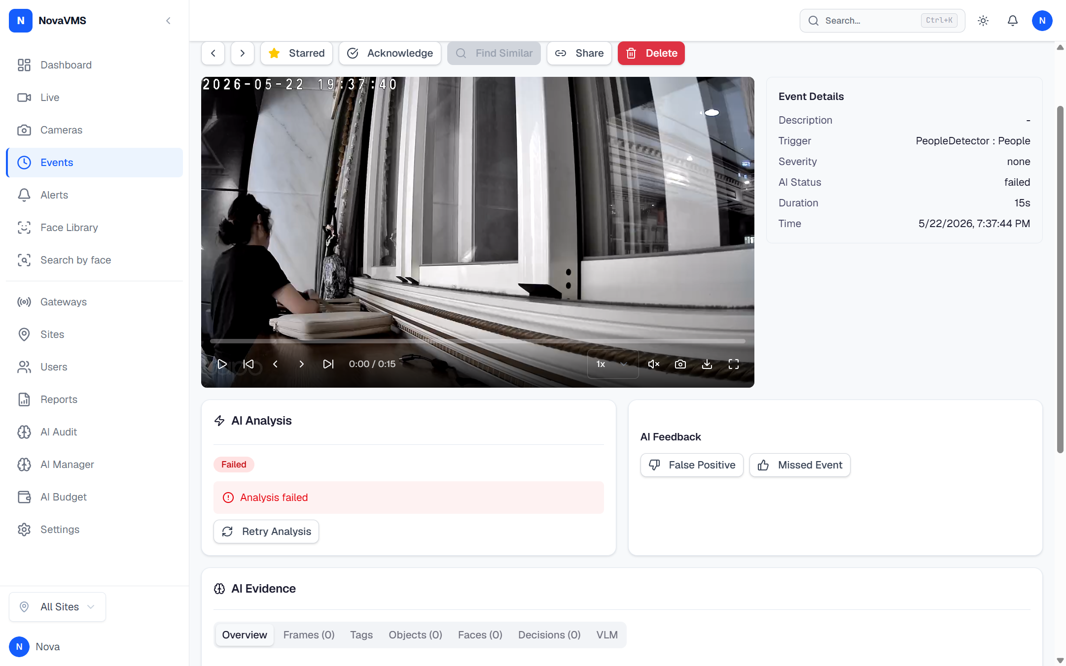 Event action toolbar with Star, Acknowledge, Find Similar, Share, and Delete buttons