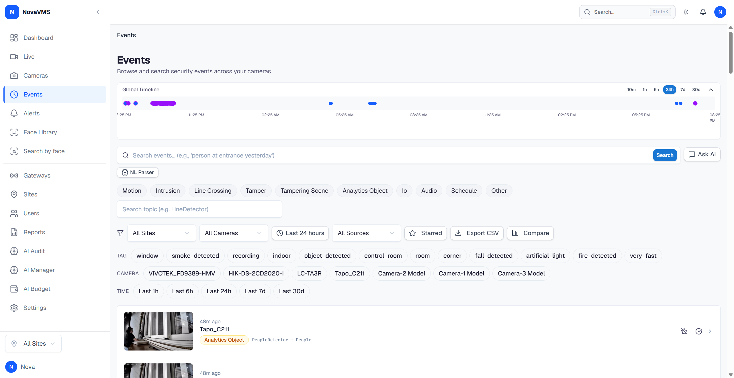 Events page default view with the global timeline and filter bar