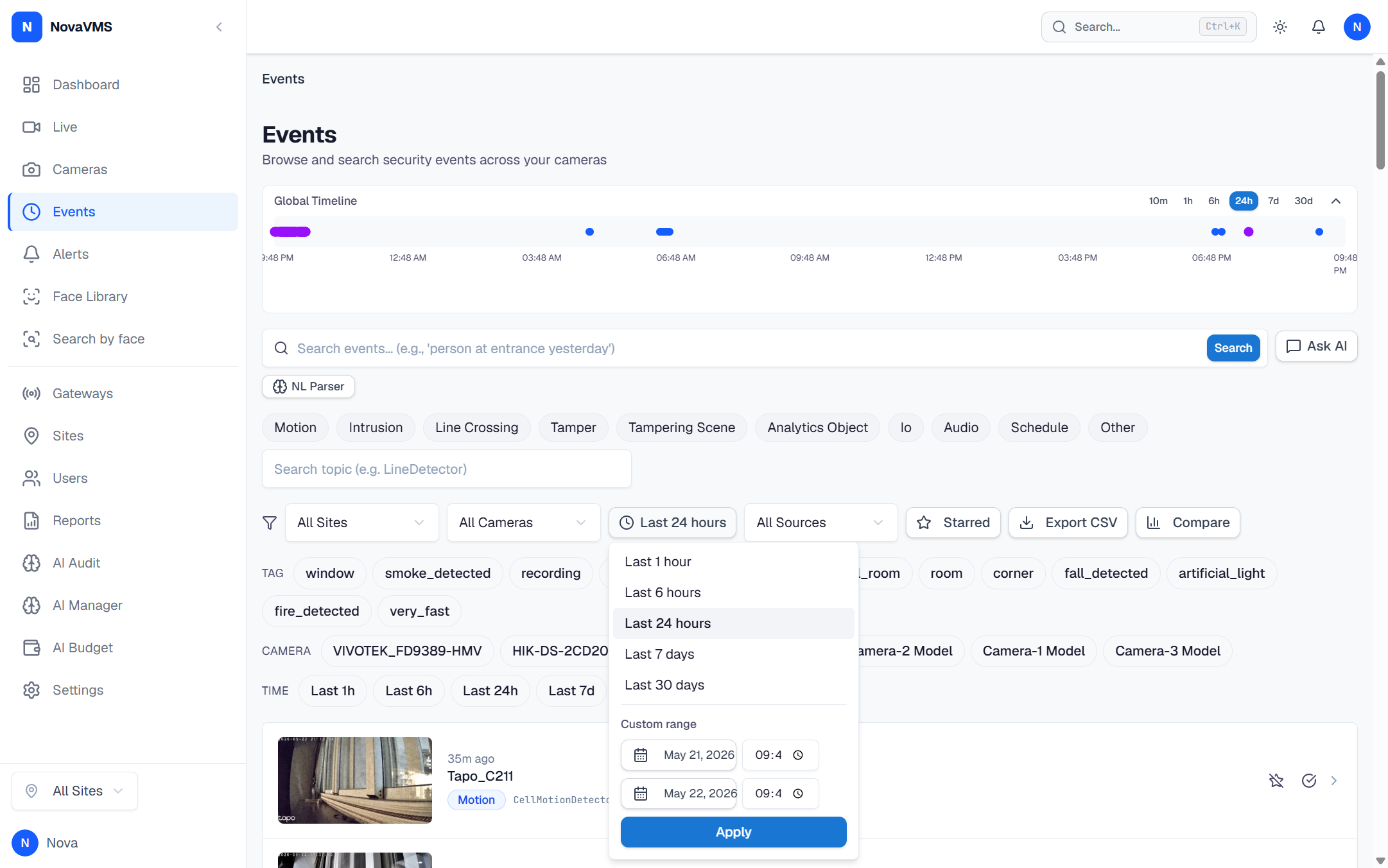 Date range popover opened from the Last 24 hours filter button