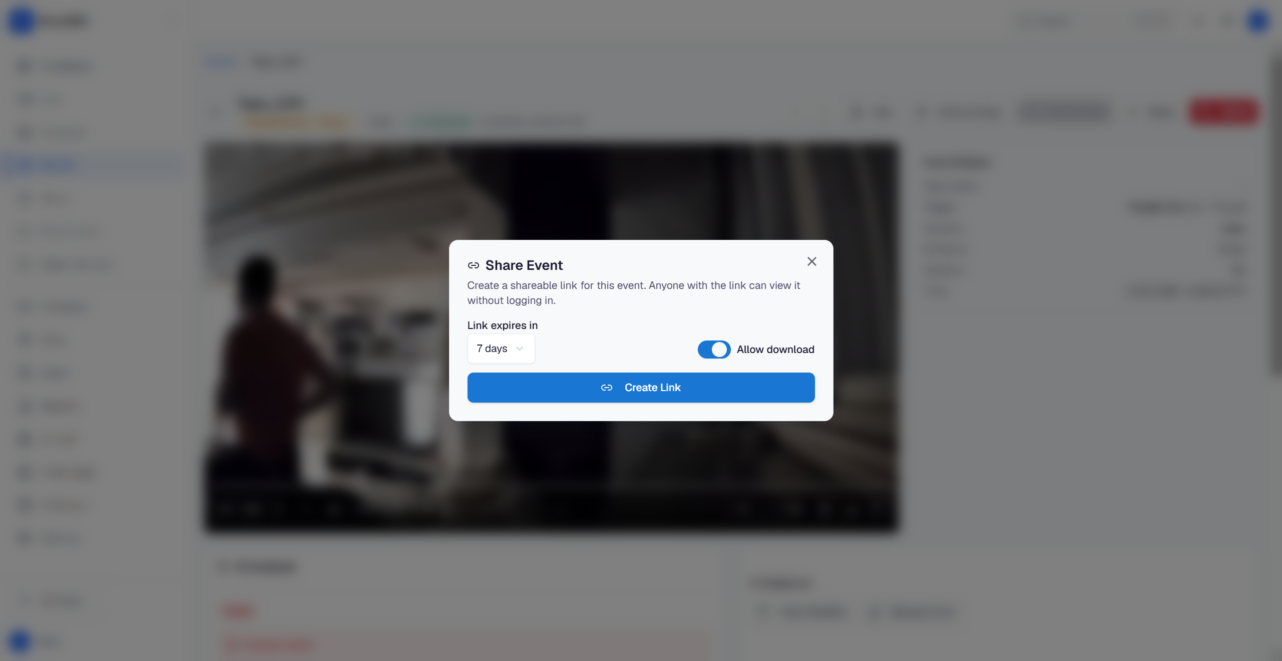 Share dialog with expiry radio group, Allow download toggle, and Create link button