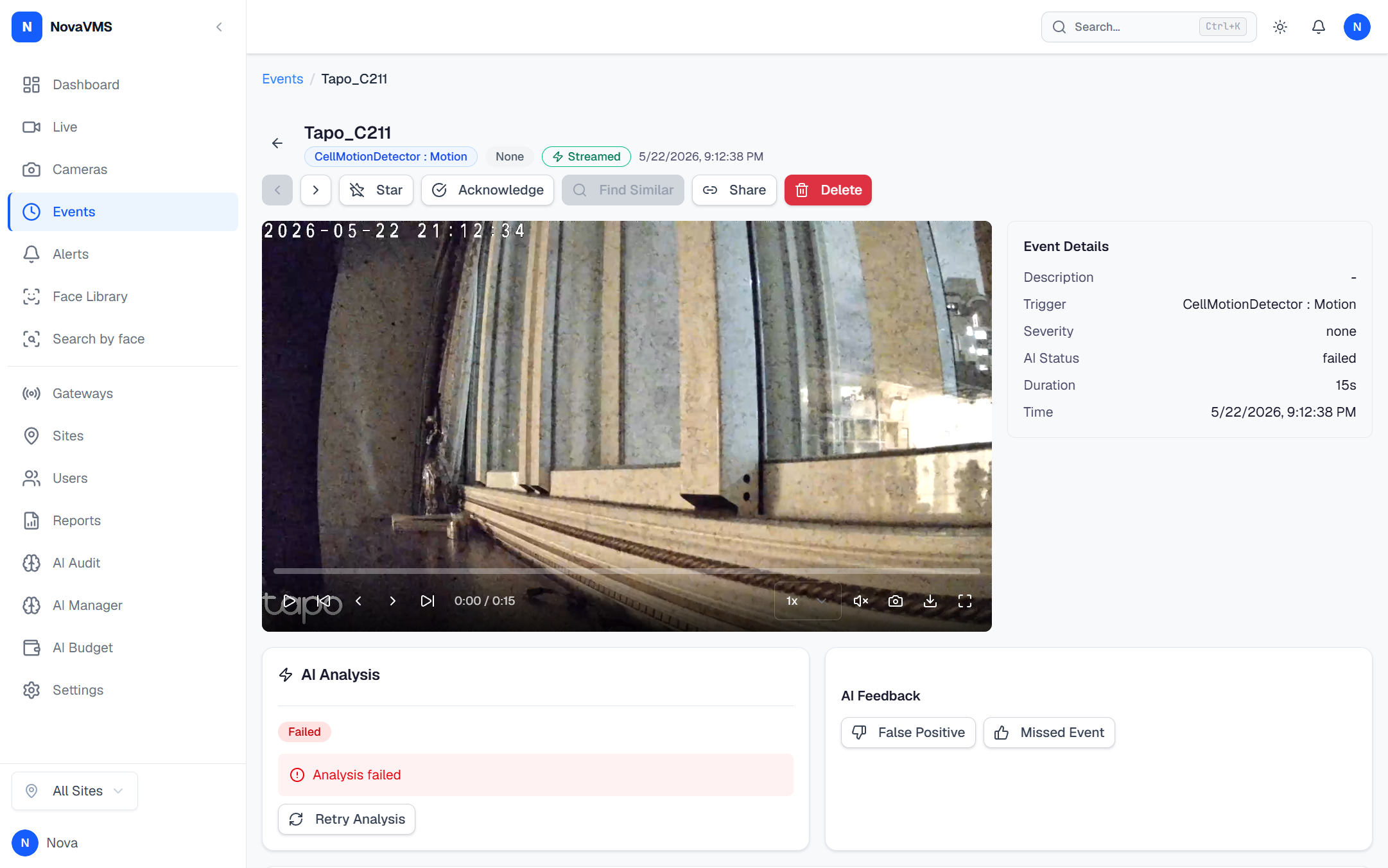 Event detail page opened from a search result with AI Evidence panel visible